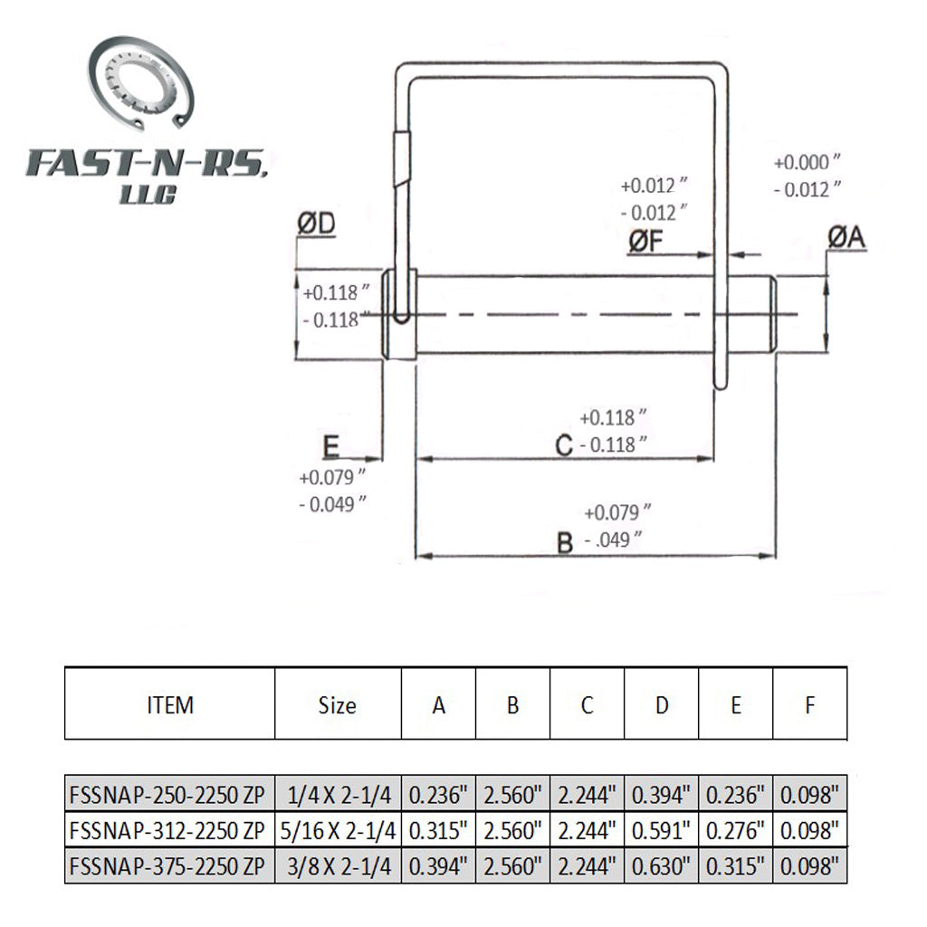 Snap Lock PTO Pin Square Two Wire 1/4, 5/16, 3/8 x 2-1/4